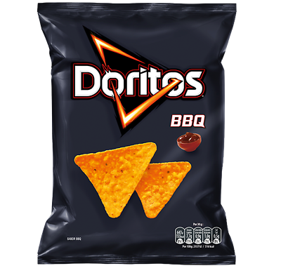 Front of Doritos BBQ bag featuring the logo and image of BBQ-flavoured tortilla chips (100g pack)