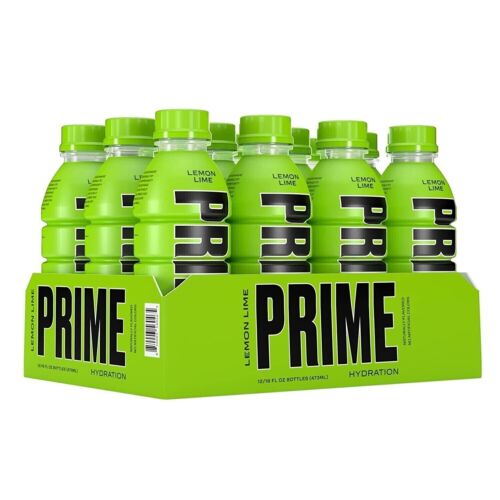 Front of Prime Hydration Lemon Lime 12 Pack showing bright green bottles, lemon lime flavour label, and pack of 12 (500ml each)