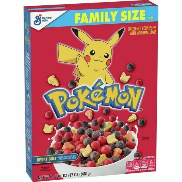 Front of Pokemon Cereal Berry Bolt box featuring Pokémon logo, berry flavour, colourful marshmallows, and a 292g pack size