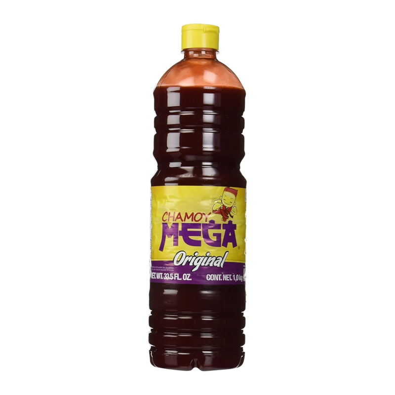 Front of Salsita De Chamoy Mega Chamoy Sauce bottle showing bold yellow and purple label with cartoon character and details, 1 Litre quantity