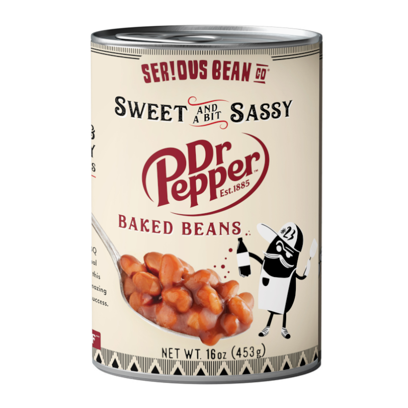 Front of Serious Bean Co Dr Pepper Baked Beans can featuring a playful design, Dr Pepper logo, and image of baked beans (453g pack)