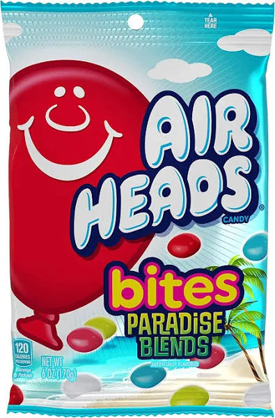 Front of Airheads Bites Paradise Blends bag showing the vibrant logo, tropical design, and multi-coloured candy pieces (170g pack)