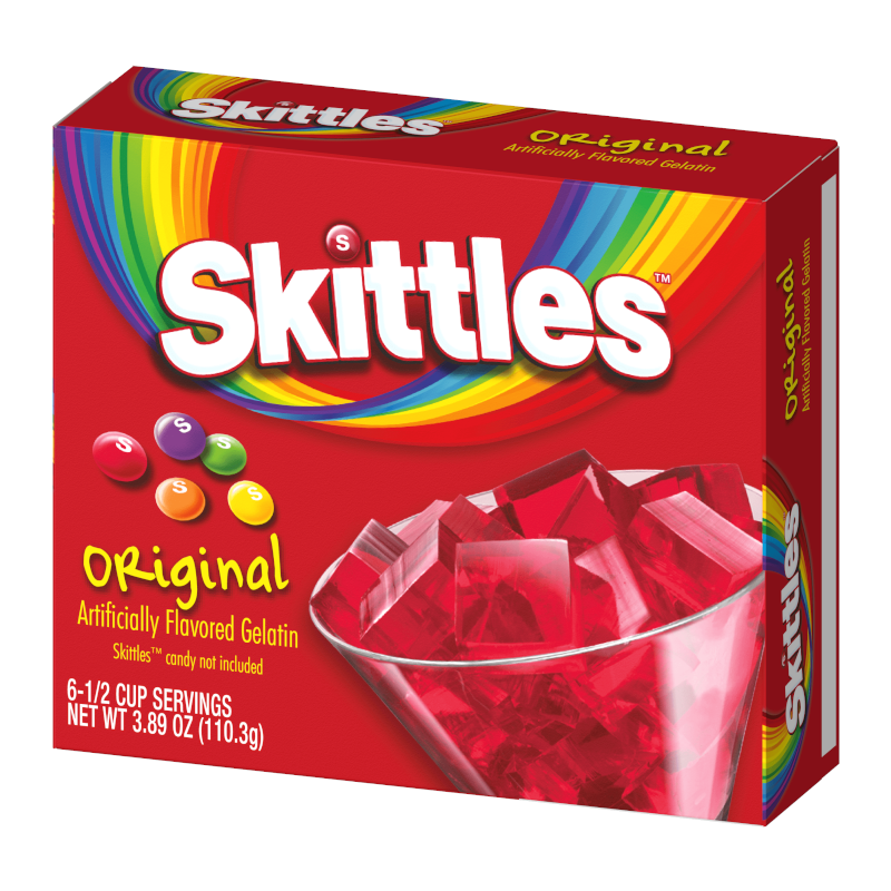 Front of Skittles Gelatin Original box featuring a red background, colourful logo, and gelatin squares in a glass (110.3g pack)