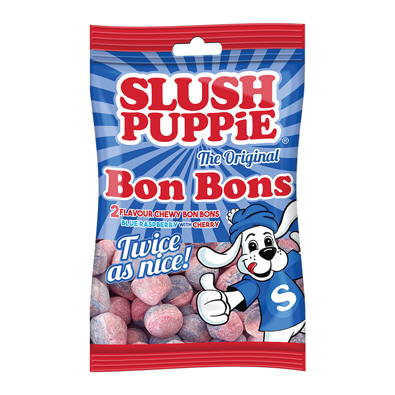Front of a Slush Puppie Blue Raspberry & Cherry Bon Bons bag featuring the logo, two flavour chewy bon bons, and pack size of 100g.