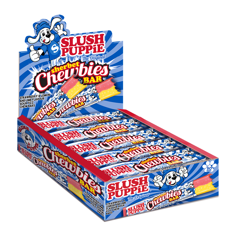 Front of Slush Puppie Sherbet Chewbies Bar packaging displaying vibrant colours, with strawberry, lemon, and lime flavour pieces on the label (25g bar)