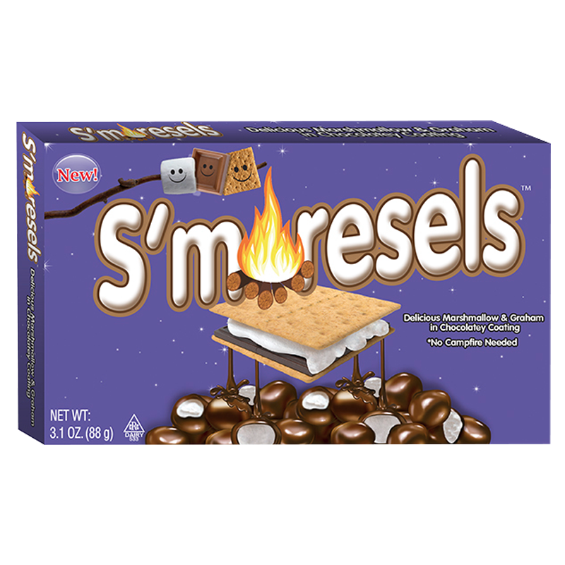 Front of S'Moresels Cookie Dough Bites Theatre Box showing logo, image of cookie dough bites, and details about marshmallow and graham in chocolatey coating (88g pack)