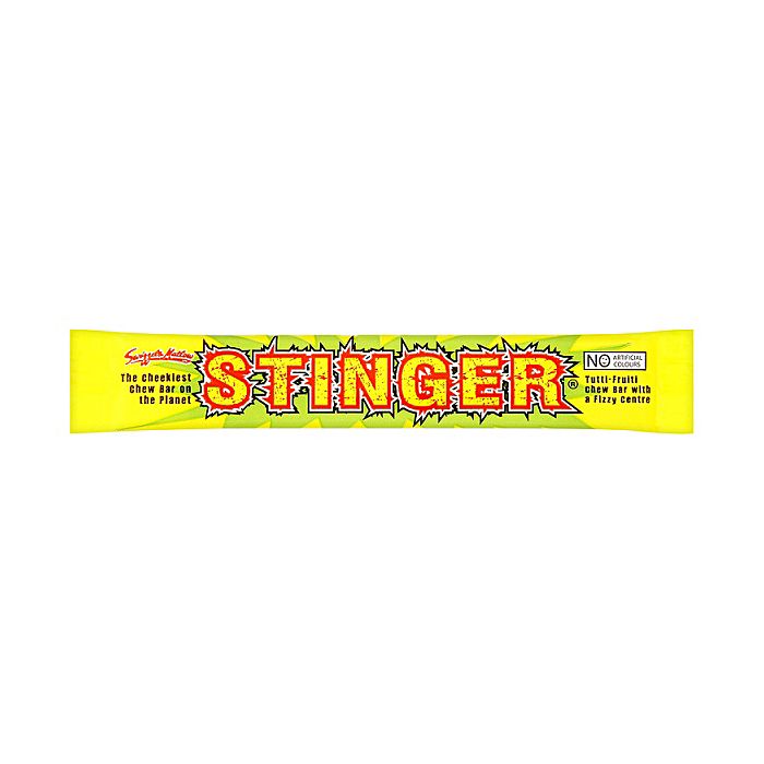 Front of Stinger Chew Bar packaging showing bright yellow wrapper, bold red logo, and label details, with a fruity theme (18g pack)