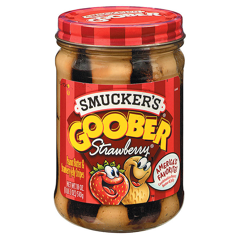 Front of Smuckers Goober Strawberry Peanut Butter Jelly Stripes jar displaying logo, peanut butter and strawberry jelly stripes, and 510g pack size.