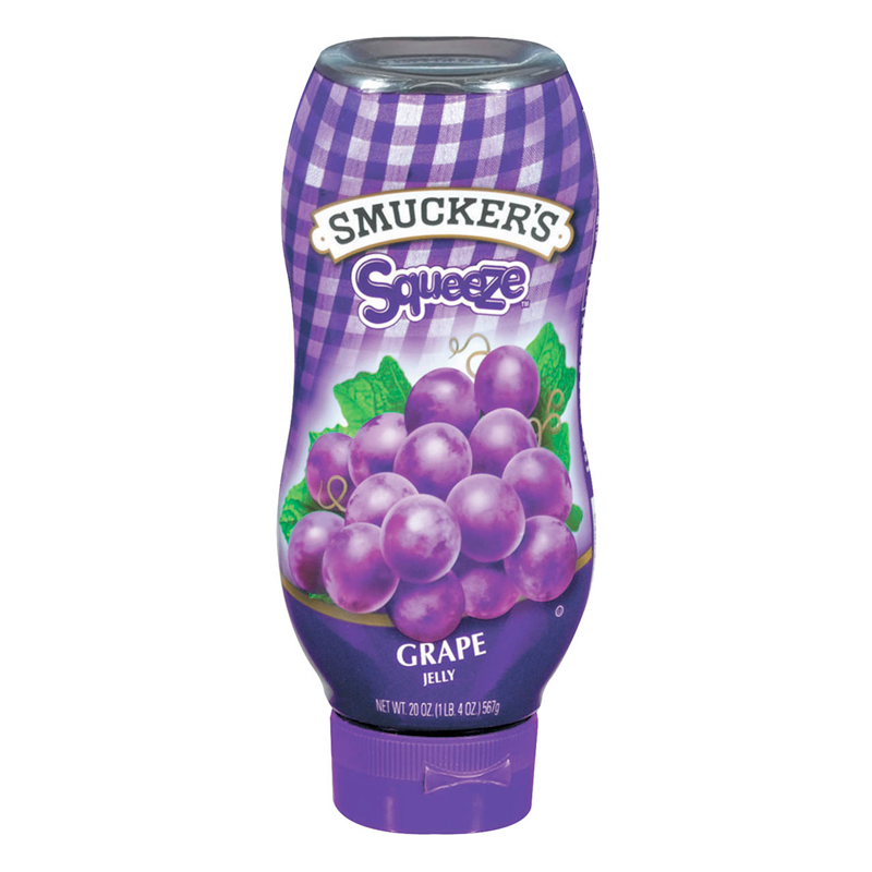 Front of Smuckers Squeeze Grape Jelly bottle showing purple design, grape flavour label, and squeeze opening (567g pack)