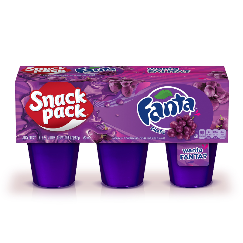 Front of Snack Pack Fanta Grape Juicy Gels showing purple packaging, Fanta logo, grape flavour label, and 6 cups (552g)