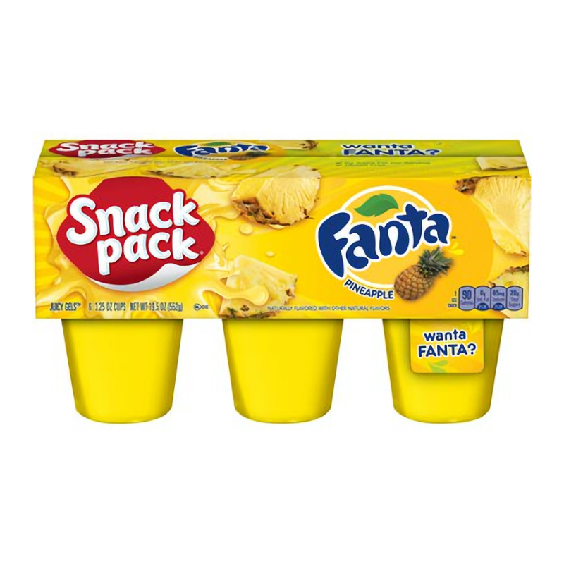 Front of Snack Pack Fanta Pineapple Juicy Gels showing bright yellow packaging with Fanta logo, pineapple design, and 6 cups (552g pack)