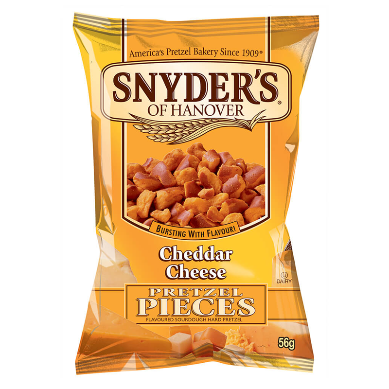 Front of Snyder's Pretzel Pieces Cheddar Cheese bag showing brand logo, cheddar flavour, and crunchy pretzel pieces (56g pack)