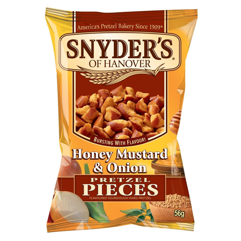 Front of Snyder's Pretzel Pieces Honey Mustard & Onion bag showing logo, pretzel pieces, and flavour details (56g pack)