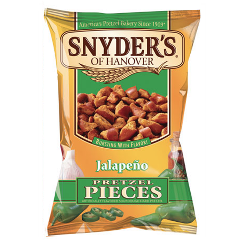 Front of Snyder's Pretzel Pieces Jalapeno bag showing bold logo, crunchy pretzel pieces, and jalapeno flavour label (56g pack)
