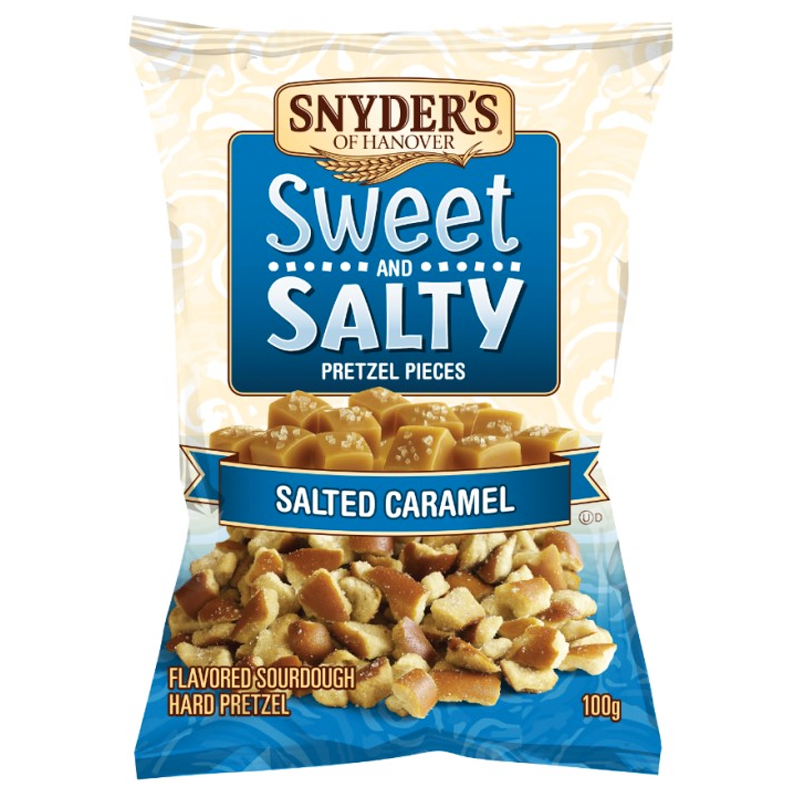 Front of Snyder's Sweet & Salty Salted Caramel Pretzel Pieces bag showing brand logo, salted caramel flavour label, and 100g pack size.