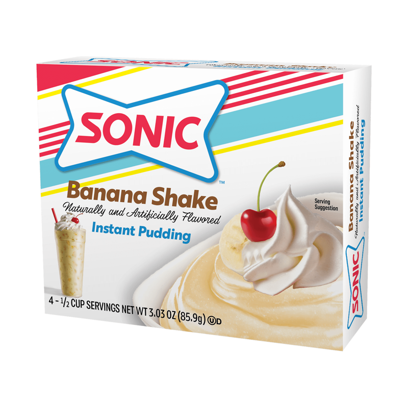 Front of Sonic Banana Shake Instant Pudding box showing brand logo, banana shake flavour label, and image of creamy pudding with a cherry on top (85.9g pack)
