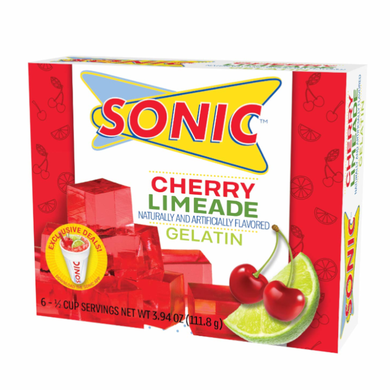Front of Sonic Gelatin Cherry Limeade box showing brand logo, cherry limeade flavour label, and images of gelatin cubes with cherries and lime (111.8g pack)