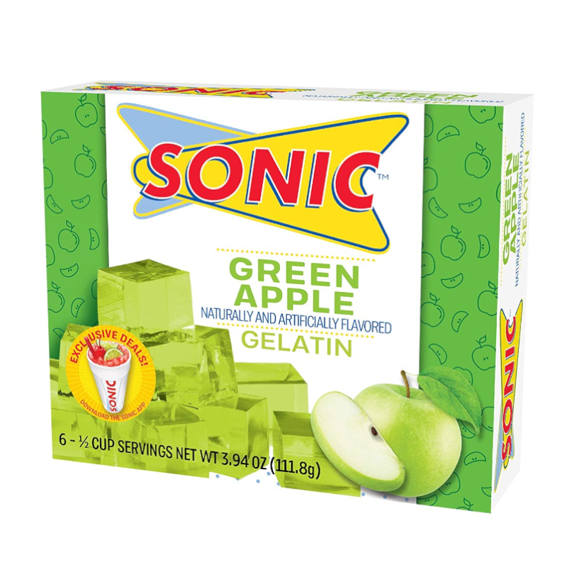Front of Sonic Gelatin Green Apple package showing bright green fruit-themed design, green apple flavour label, and pack size of 111.8g.