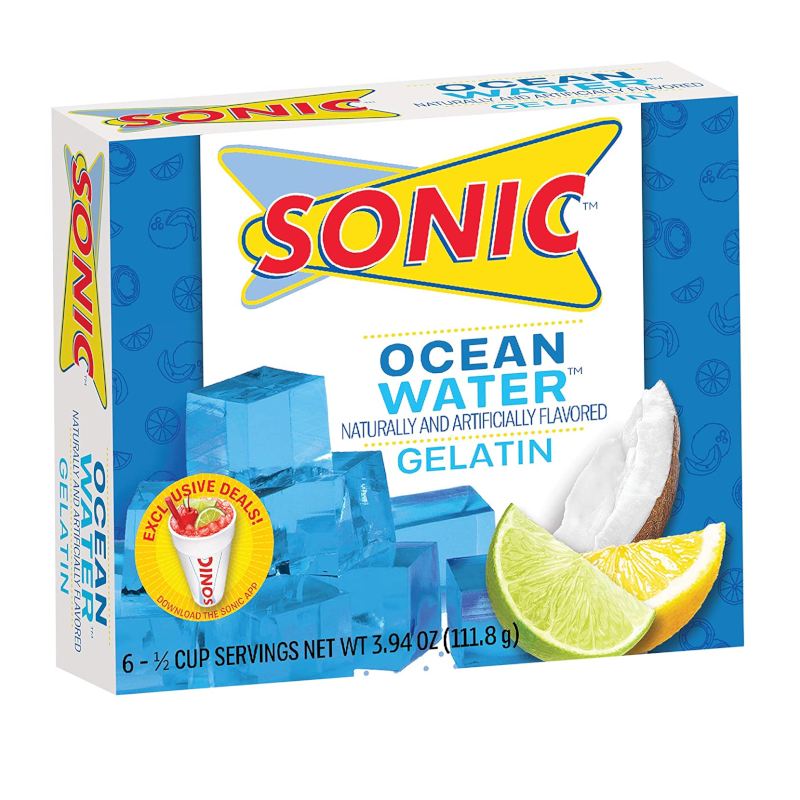 Front of Sonic Gelatin Ocean Water box featuring the Sonic logo, ocean water flavor label, and images of gelatin cubes along with coconut and lime (111.8g pack)