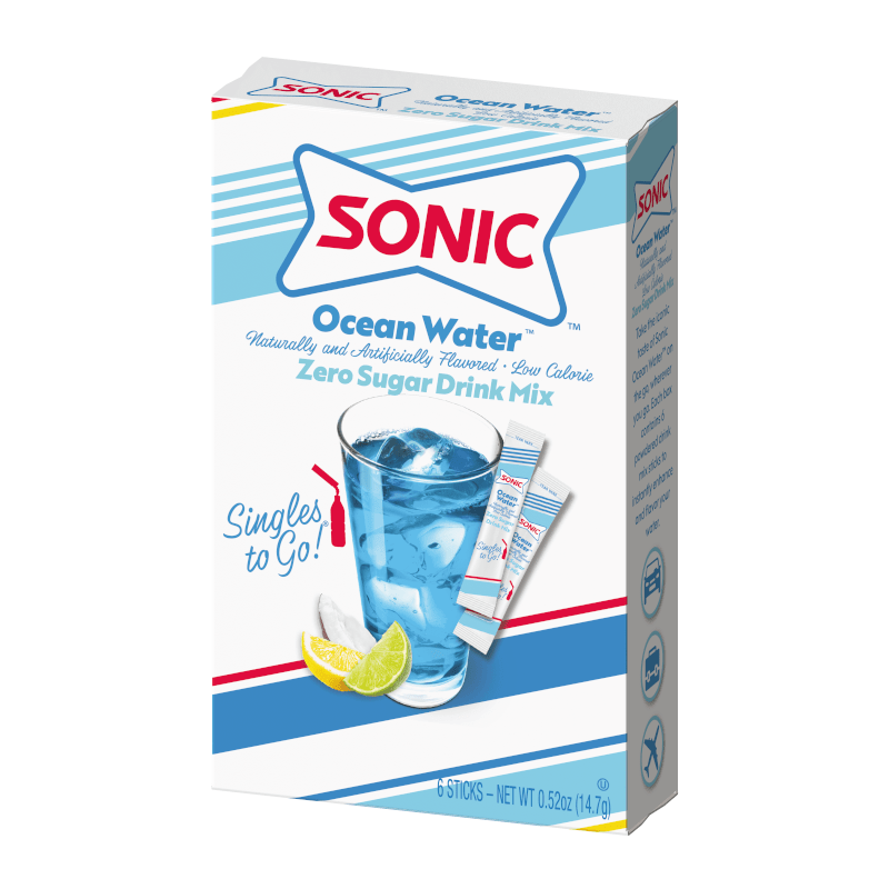 Front of Sonic Ocean Water Singles to Go box featuring blue design, a glass of ocean water drink, and lime slices (21.2g pack)