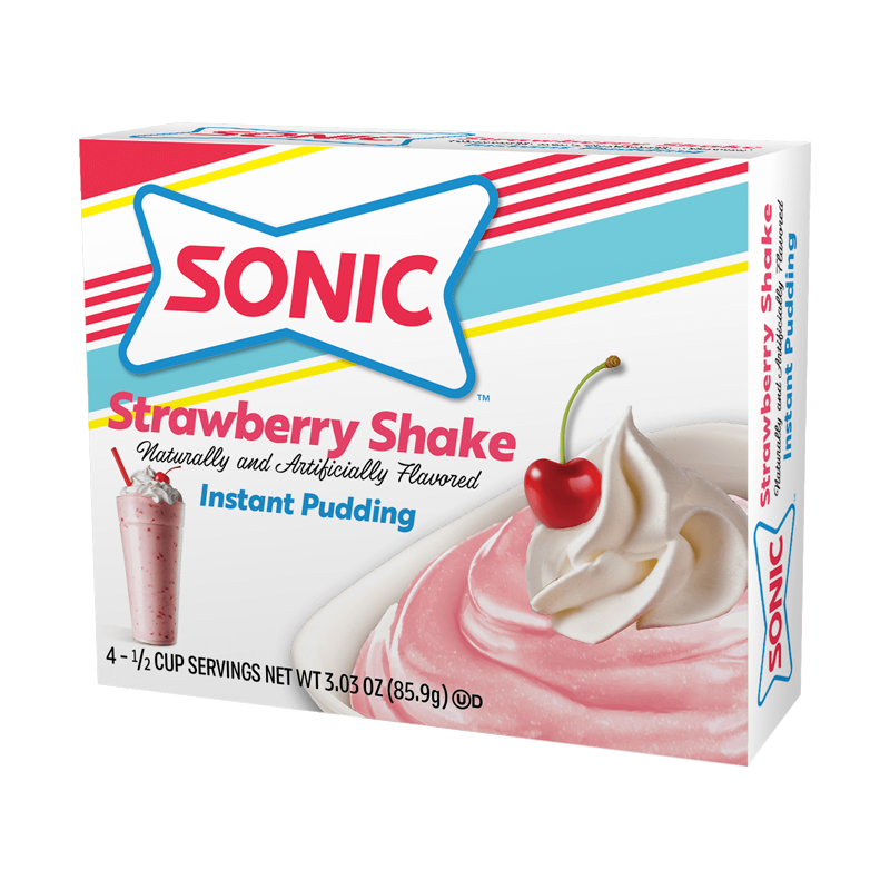 Front of Sonic Strawberry Shake Instant Pudding box featuring the logo, strawberry shake illustration, and creamy pudding image (85.9g pack)