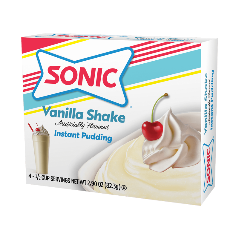 Front of Sonic Vanilla Shake Instant Pudding box showcasing the logo, vanilla shake illustration, and creamy pudding with cherry (82.3g pack)