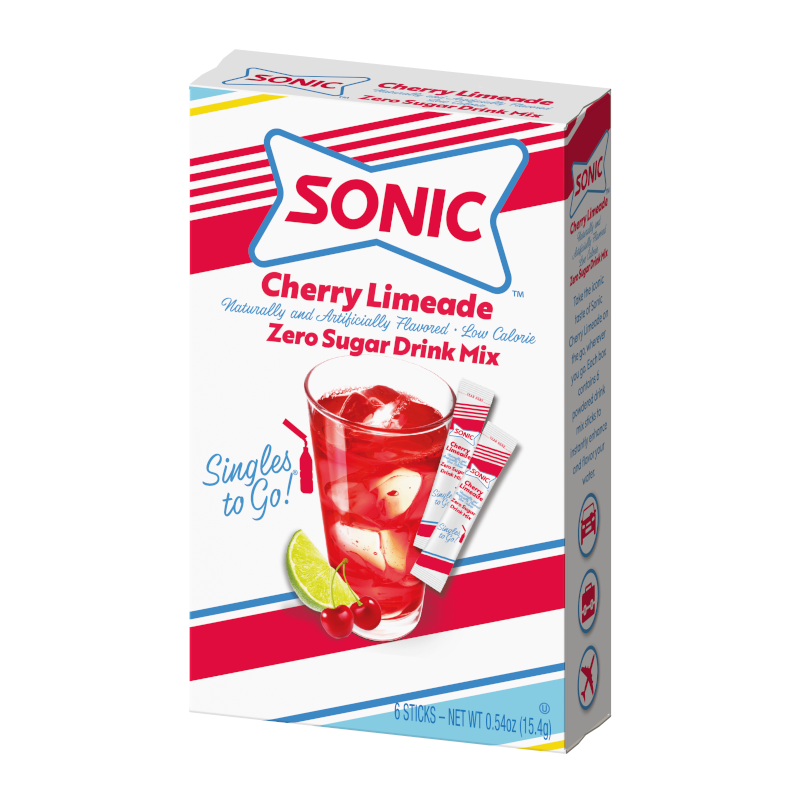 Front of Sonic Cherry Limeade Singles to Go box showing logo, cherry limeade flavour, and a refreshing drink with ice (21.2g pack)