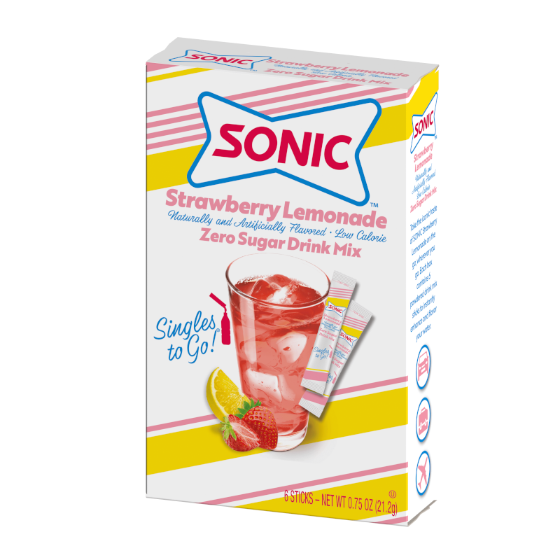 Front of Sonic Strawberry Lemonade Singles to Go box featuring the brand logo, strawberry lemonade flavor, and 21.2g pack with colourful drink mix design.