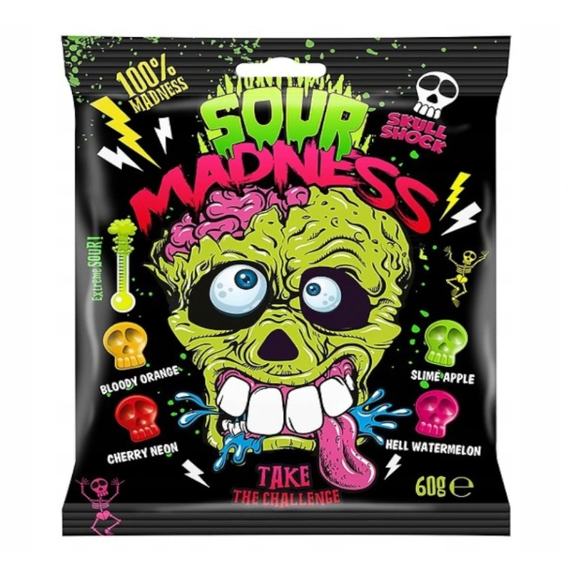 Front of Sour Madness Hard Candies bag featuring a vibrant green skull design, product name, and flavours like Bloody Orange, Slime Apple, and Cherry Neon (60g pack)
