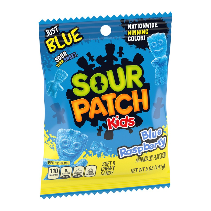 Front of Sour Patch Kids Blue Raspberry bag showcasing the bold Sour Patch logo, blue raspberry flavour text, and colourful candy pieces (142g pack)
