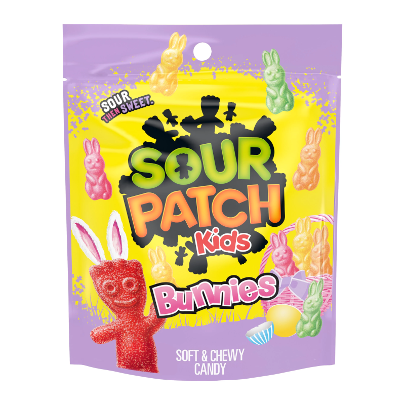 Front of Sour Patch Kids Easter Bunnies bag featuring bright logo and colourful bunny-shaped candies, with a 283g pack size displayed.