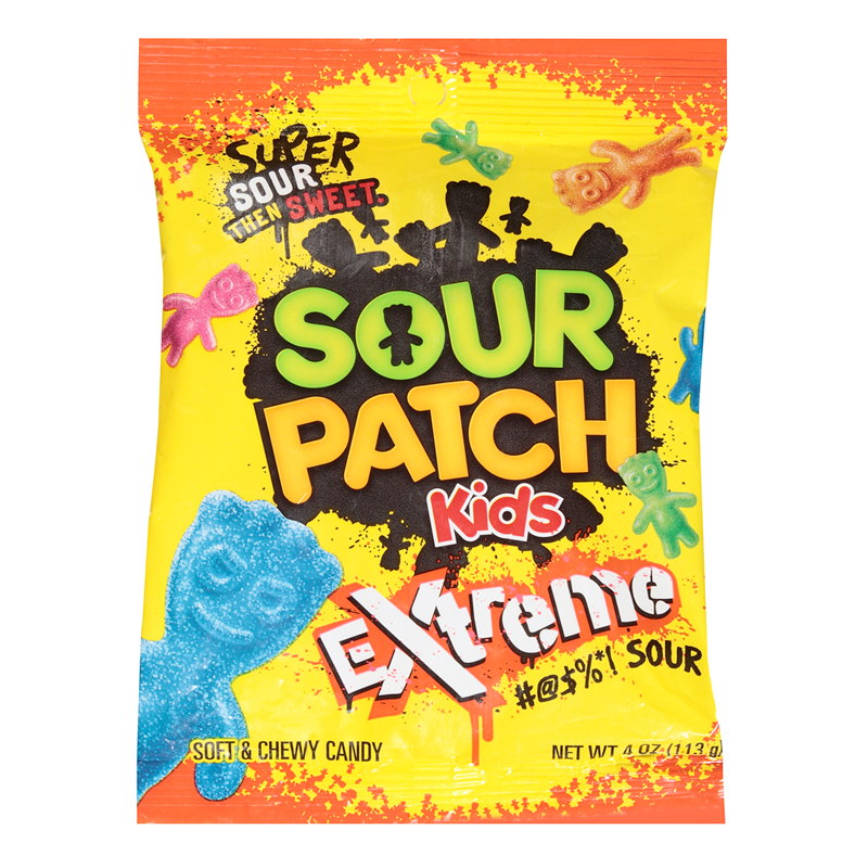 Front of a yellow bag of Sour Patch Kids Extreme showing the logo, playful candy characters, and the 113g pack size.