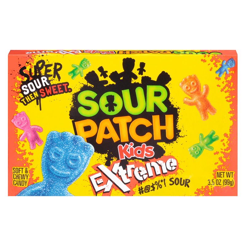 Front of Sour Patch Kids Extreme Theatre Box showing vibrant packaging with assorted colourful gummy candies, super sour label, and 99g pack size.