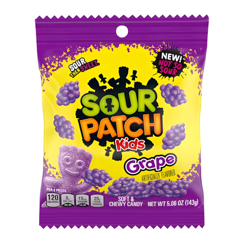 Front of Sour Patch Kids Grape bag showing the bright purple packaging with soft and chewy candy pieces (141g pack)
