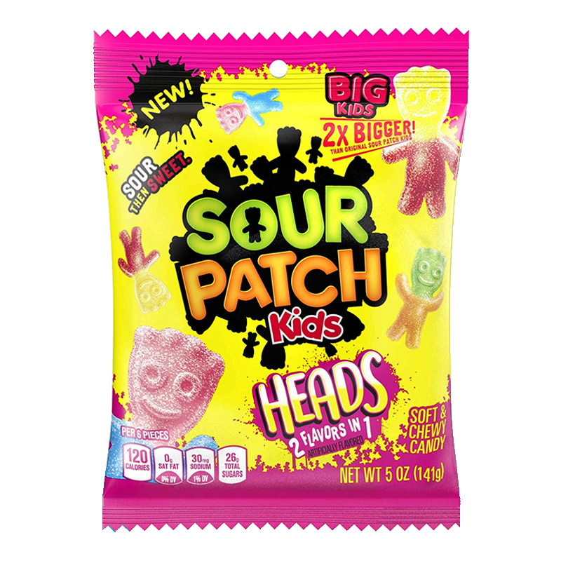 Front of Sour Patch Big Kids Heads bag showcasing the logo, colourful candy shapes, and details about the product (141g pack)