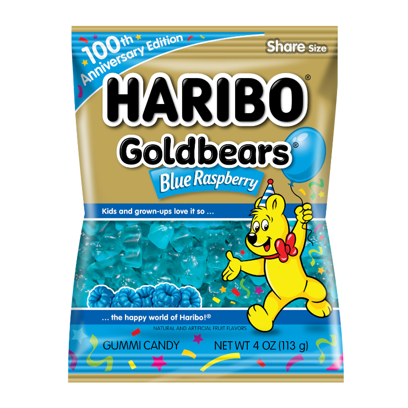 Front of Haribo 100th Anniversary Blue Raspberry Gold Bears bag showing blue raspberry flavour and gold bear imagery (113g pack)