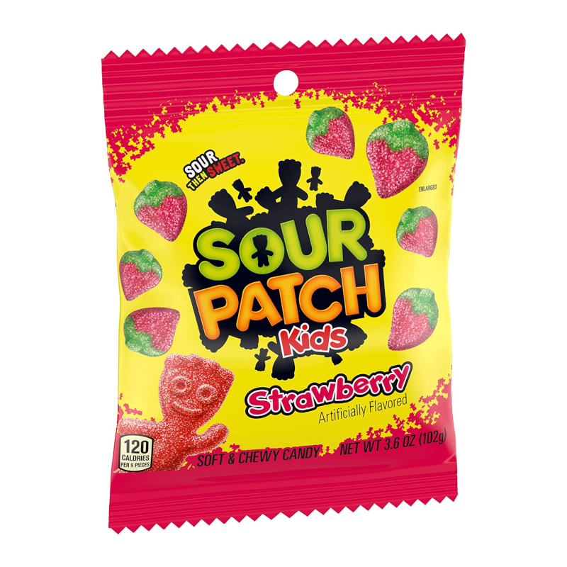 Front of Sour Patch Kids Strawberry bag featuring the logo, strawberry-flavoured candy pieces, and pack size (102g).