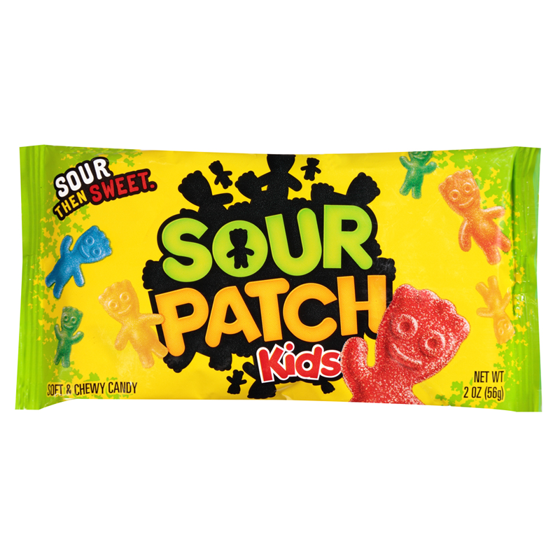 Front of Sour Patch Kids Original pack featuring bright yellow background, playful logo, and colourful gummy characters (56g pack)