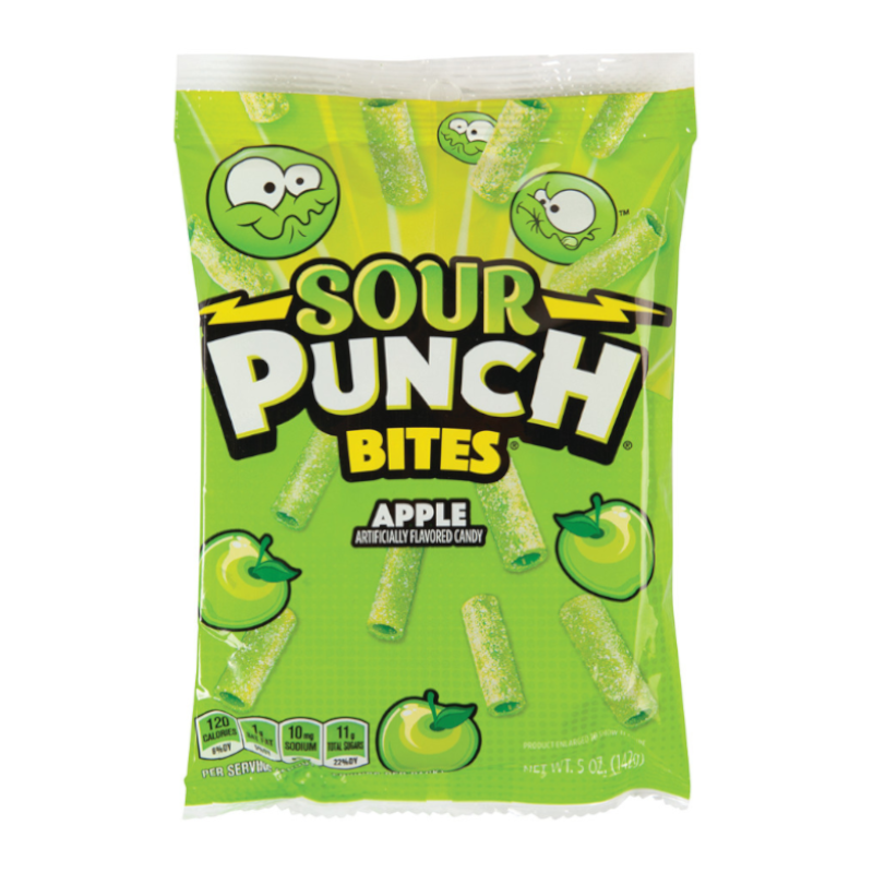 Front of Sour Punch Apple Bites bag showing bright green packaging with apple flavour and chewy candy pieces (142g pack)