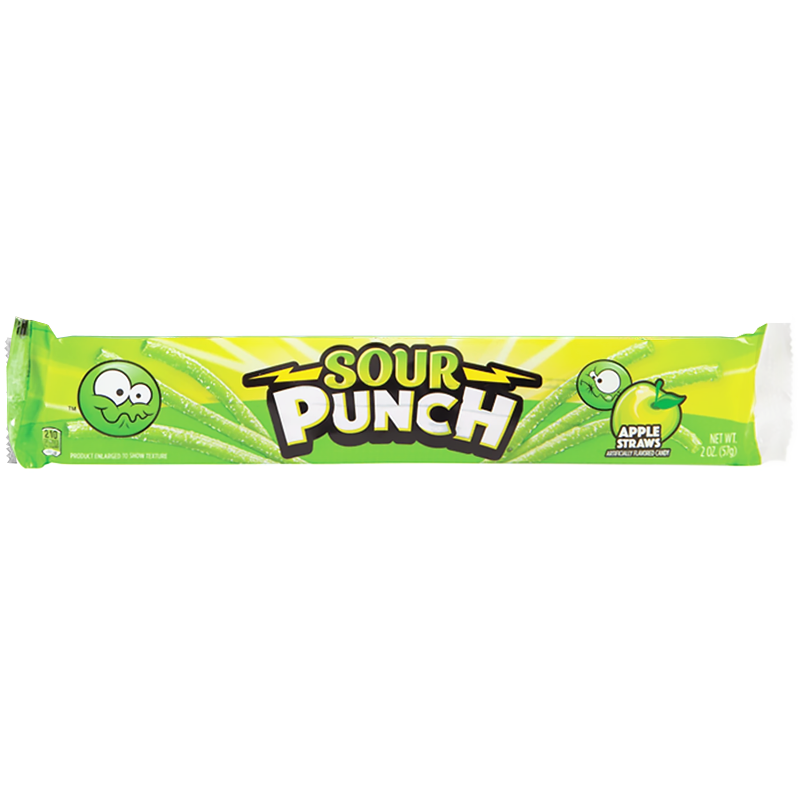Front of Sour Punch Apple Straws packaging showing bright green design, logo, and apple-flavoured candy straws (57g pack)