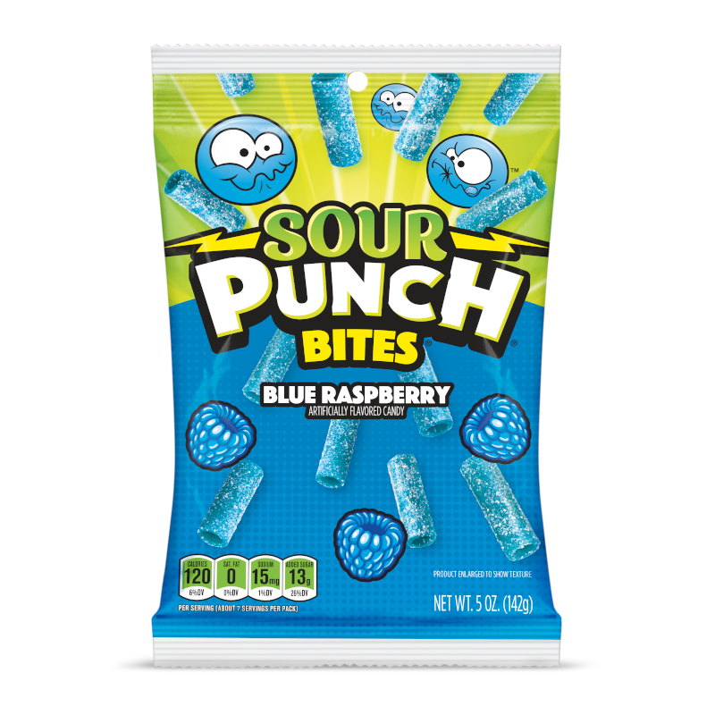 Front of Sour Punch Blue Raspberry Bites bag showing bright blue packaging, blue raspberry flavour label, and chewy blue candy pieces (142g pack)