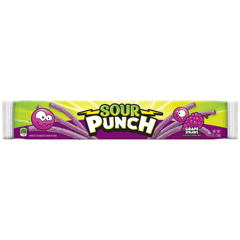 Front of Sour Punch Grape Straws packaging displaying the logo, grape flavour, and 57g pack size with chewy candy straws.