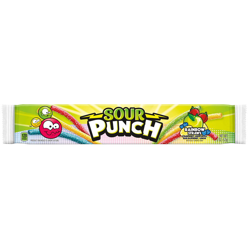Front of Sour Punch Rainbow Straws pack showing colourful straws, brand logo, and flavour variety (57g pack)