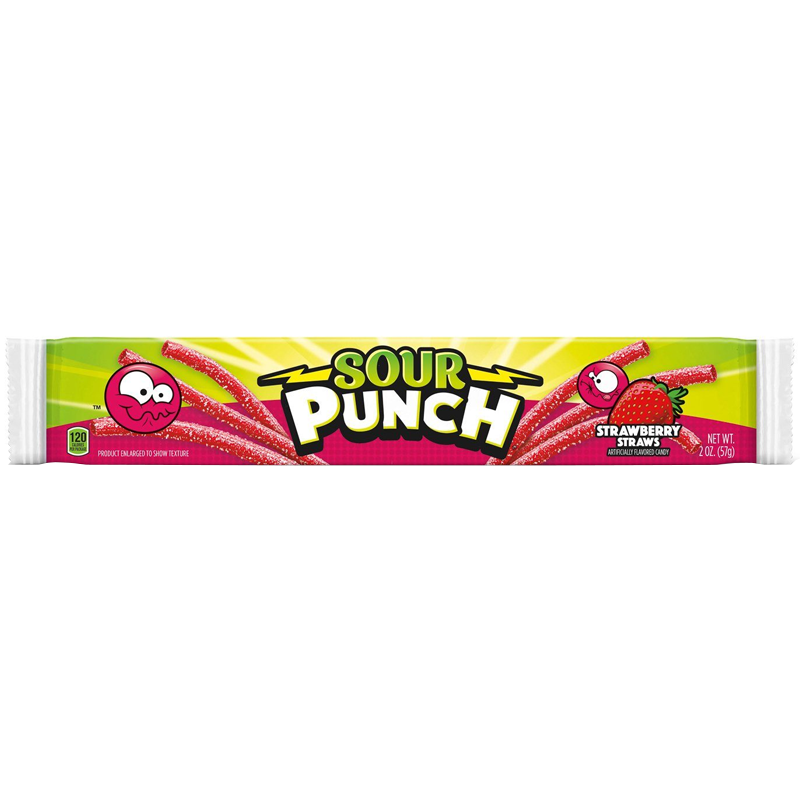 Front of Sour Punch Strawberry Straws pack showing vibrant packaging with logo, strawberry flavour label, and 57g size indication.