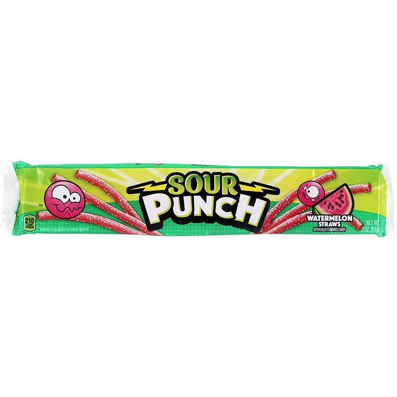 Front of Sour Punch Watermelon Straws package showing vibrant branding, watermelon design, and chewy straws in a 57g pack.