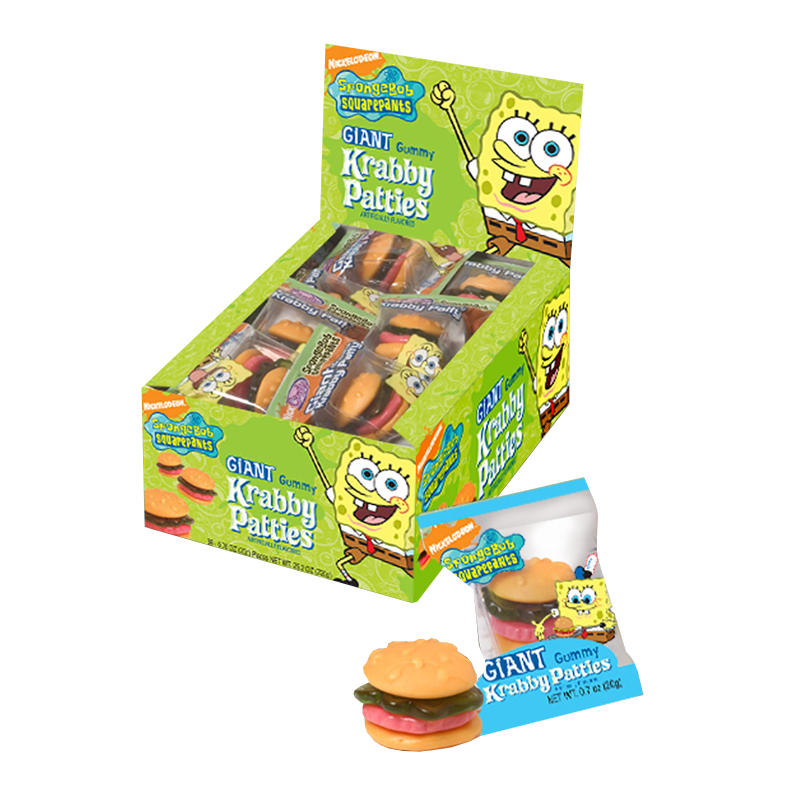 Front of Spongebob Squarepants Giant Gummy Krabby Patty packaging showing colourful burger-shaped gummy, Spongebob logo, and 18g pack size