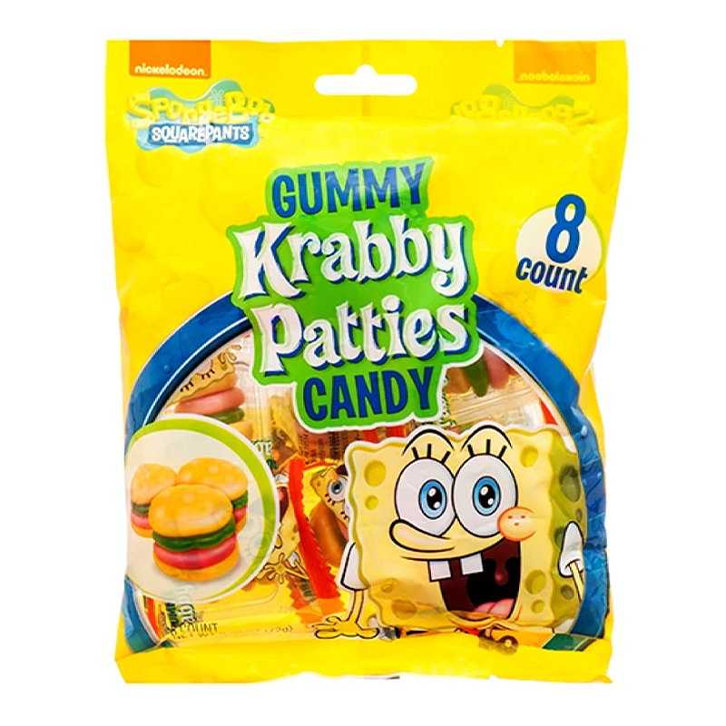 Front of Spongebob Squarepants Gummy Krabby Patties bag showing bold logo, gummy candy shaped like Krabby Patties, and 72g pack size