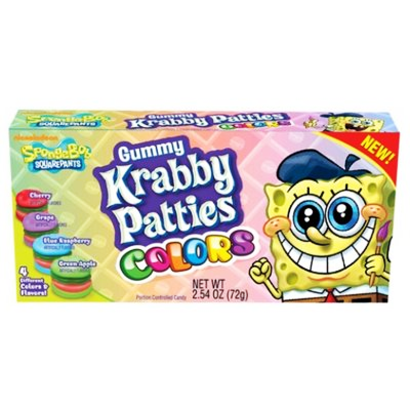 Front of Spongebob Squarepants Gummy Krabby Patties Colors Theatre Box showing colourful gummy patties, flavour names, and pack size (72g)