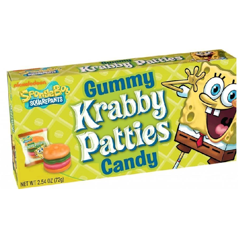 Front of Spongebob Squarepants Gummy Krabby Patties Theatre Box showing colourful gummy candy, Krabby Patties design, and 72g pack size