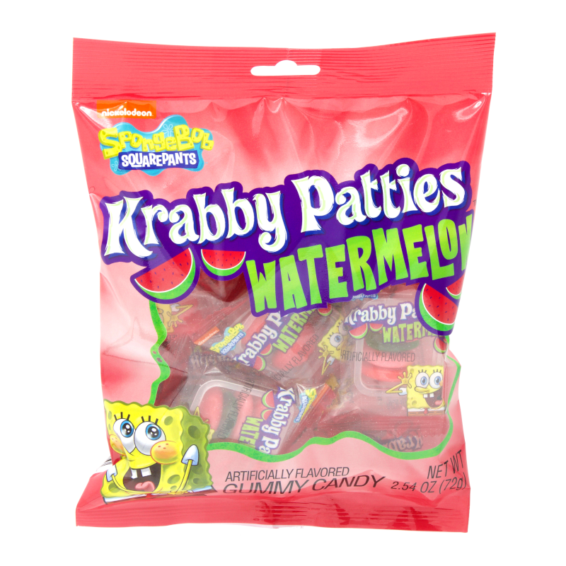 Front of Spongebob Squarepants Gummy Krabby Patties Watermelon bag showing the bright red packaging, watermelon flavour title, and images of the gummy patties (72g pack)